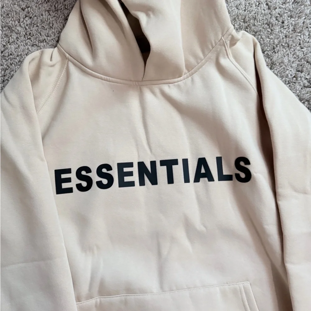 Essentials Men's Cream Hoodie with Black Logo - Picture 3 of 7